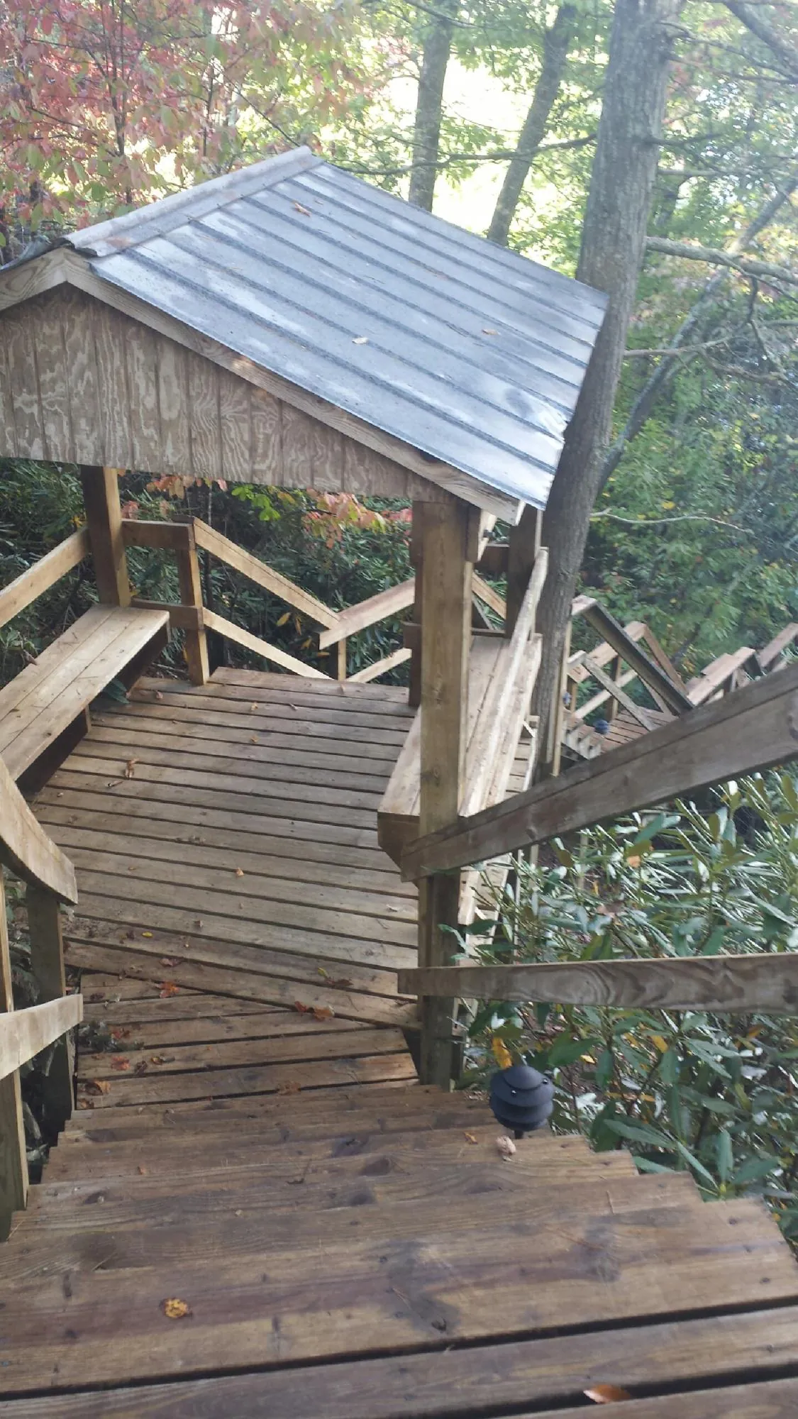 Metal roofed shelter over wooden steps on a wooded walkway — Skylight Repair & Installation work by our crew in Hartfield